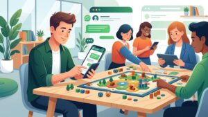 Современная иллюстрация настольных игр и смартфона с чатом для поддержки онлайн-казино через WhatsApp