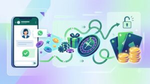Современная иллюстрация бонусных предложений онлайн-казино с иконкой WhatsApp для анализа условий ролловера